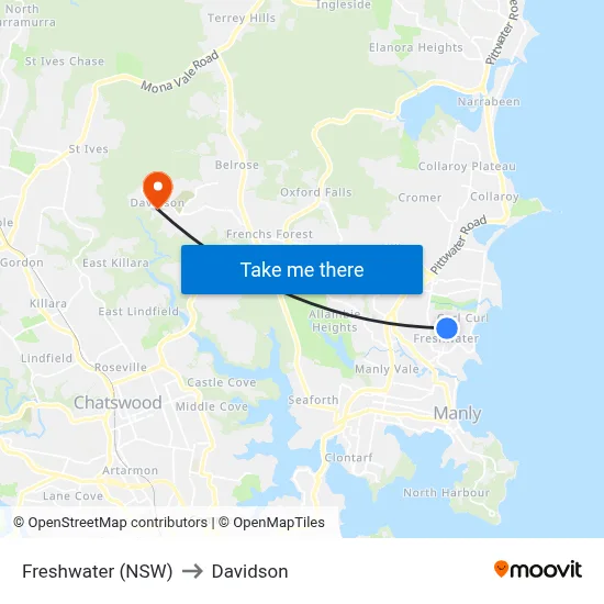 Freshwater (NSW) to Davidson map