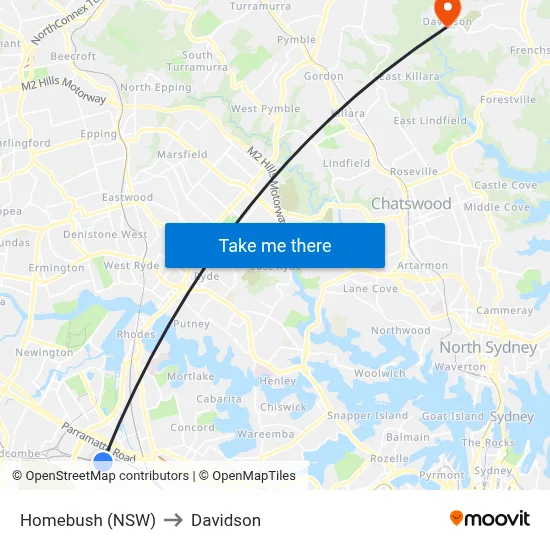 Homebush (NSW) to Davidson map