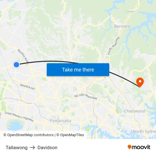 Tallawong to Davidson map