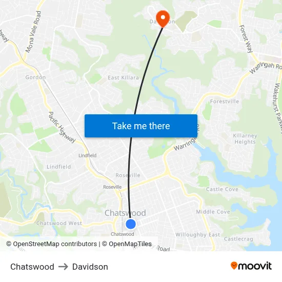 Chatswood to Davidson map