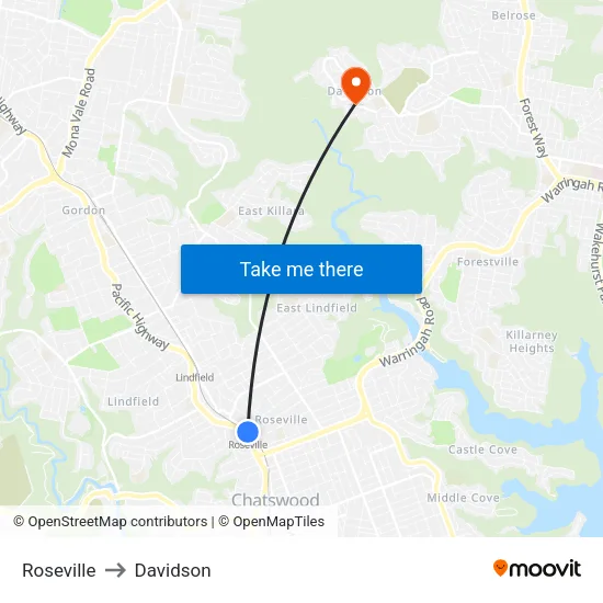 Roseville to Davidson map