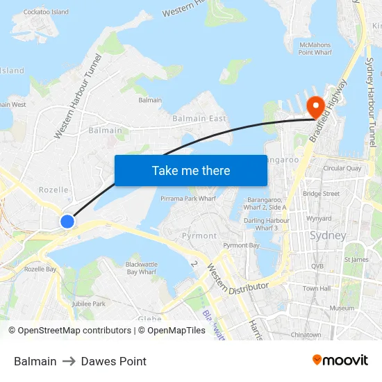 Balmain to Dawes Point map