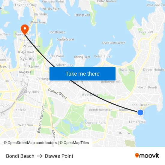 Bondi Beach to Dawes Point map