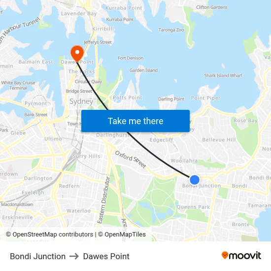 Bondi Junction to Dawes Point map