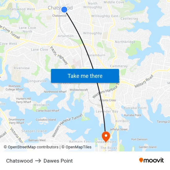 Chatswood to Dawes Point map