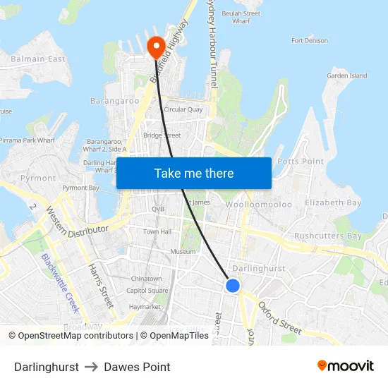 Darlinghurst to Dawes Point map