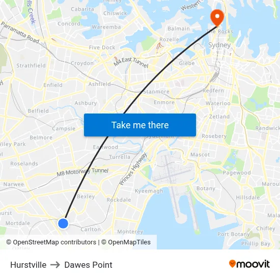Hurstville to Dawes Point map