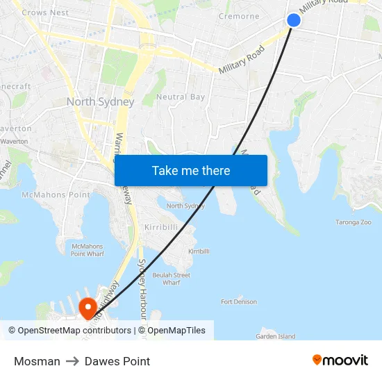 Mosman to Dawes Point map