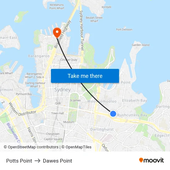 Potts Point to Dawes Point map