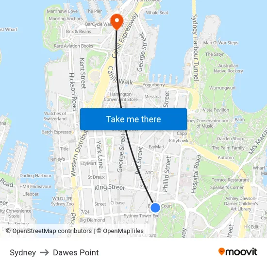 Sydney to Dawes Point map