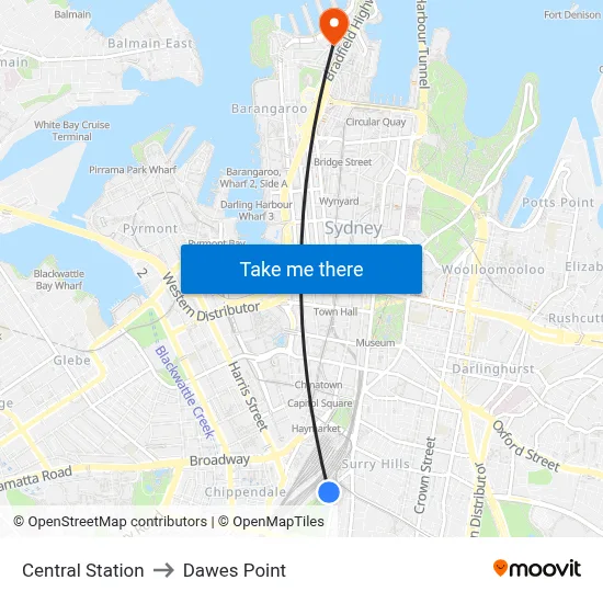 Central Station to Dawes Point map