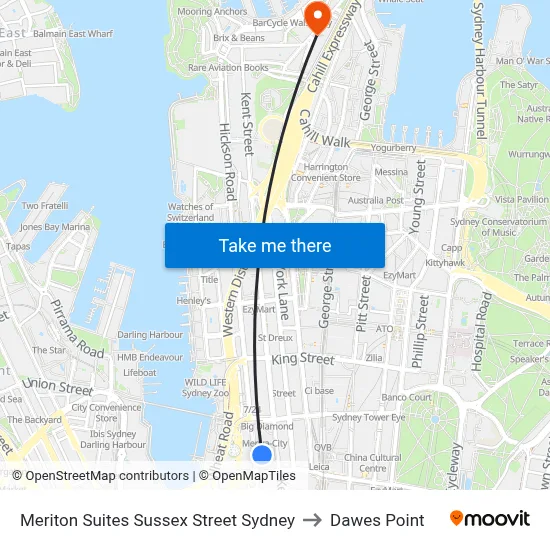 Meriton Suites Sussex Street Sydney to Dawes Point map