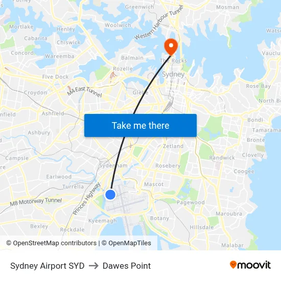 Sydney Airport SYD to Dawes Point map