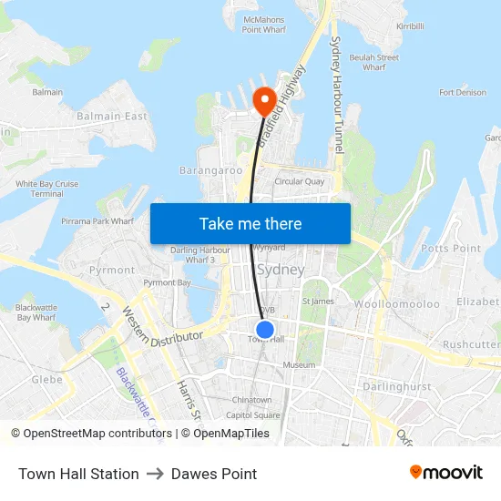 Town Hall Station to Dawes Point map