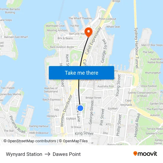 Wynyard Station to Dawes Point map