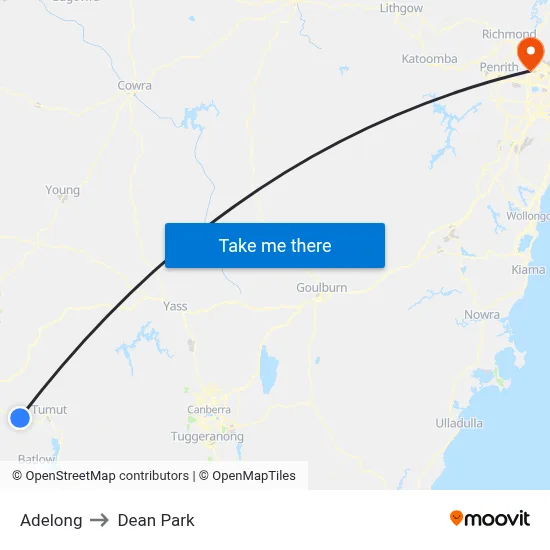 Adelong to Dean Park map