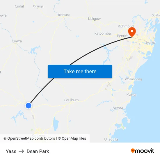 Yass to Dean Park map
