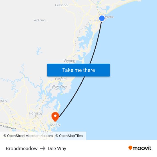 Broadmeadow to Dee Why map