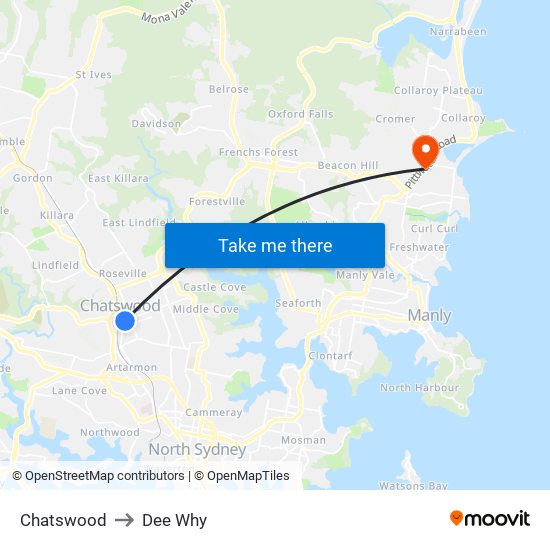 Chatswood to Dee Why map