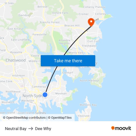 Neutral Bay to Dee Why map