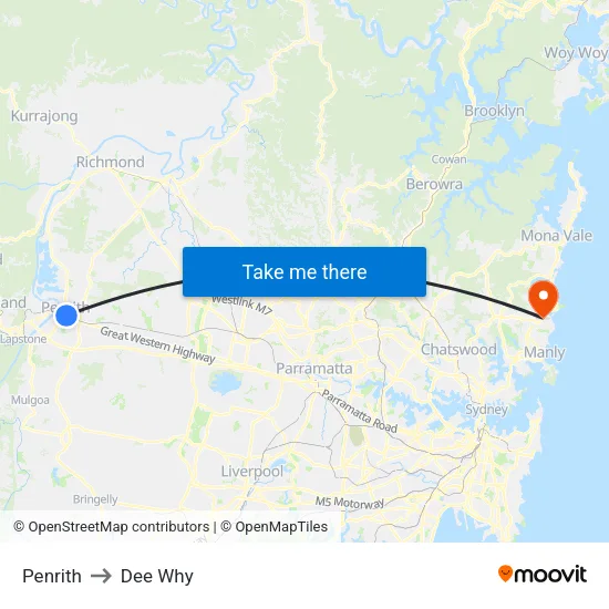 Penrith to Dee Why map