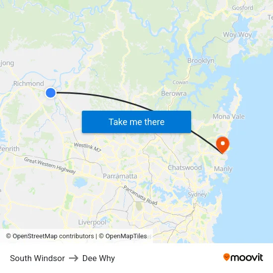 South Windsor to Dee Why map