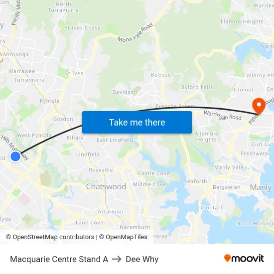 Macquarie Centre Stand A to Dee Why map