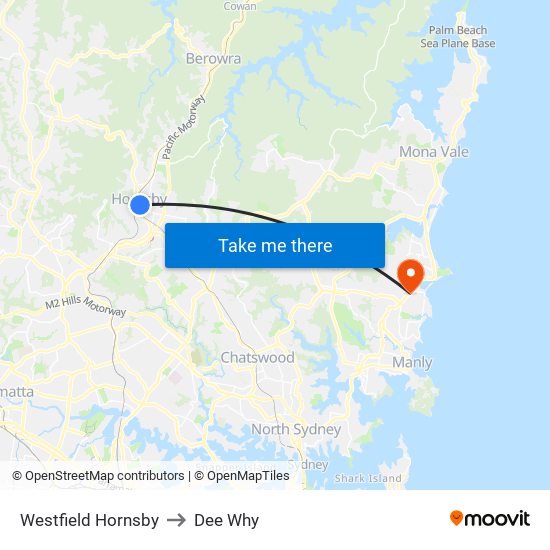 Westfield Hornsby to Dee Why map