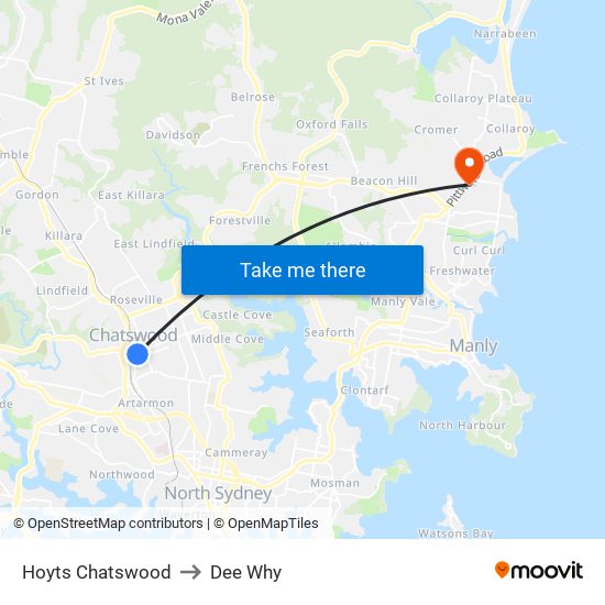 Hoyts Chatswood to Dee Why map