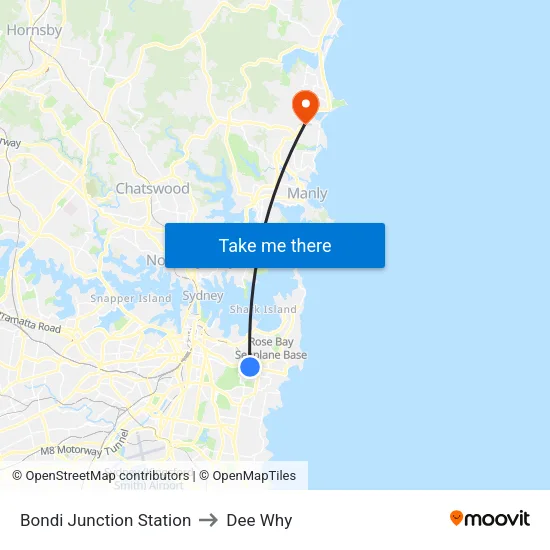 Bondi Junction Station to Dee Why map