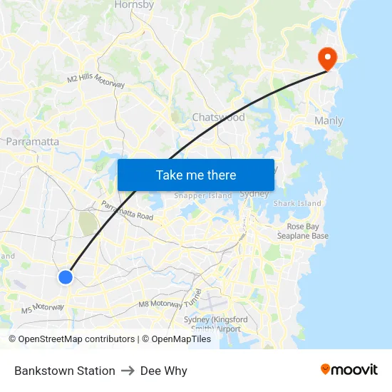 Bankstown Station to Dee Why map