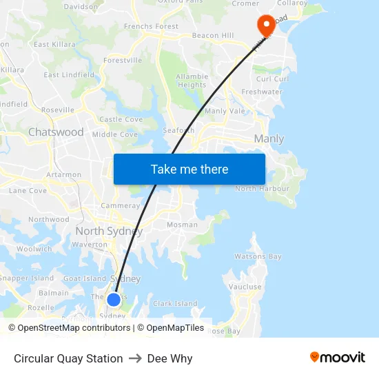 Circular Quay Station to Dee Why map