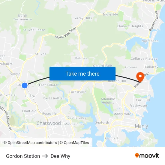Gordon Station to Dee Why map