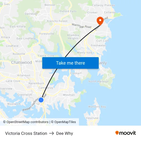Victoria Cross Station to Dee Why map