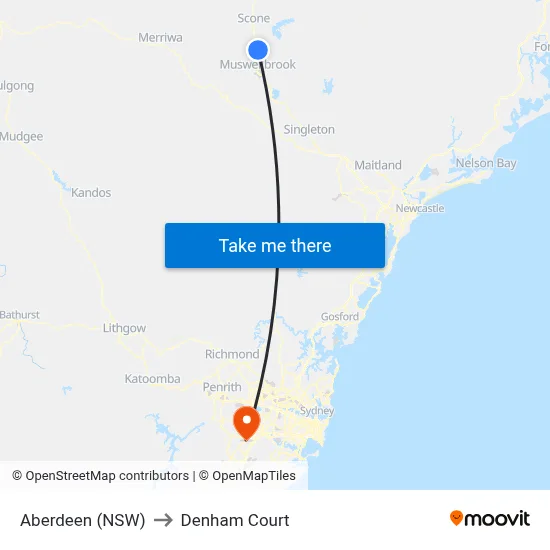 Aberdeen (NSW) to Denham Court map