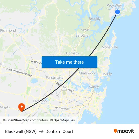 Blackwall (NSW) to Denham Court map