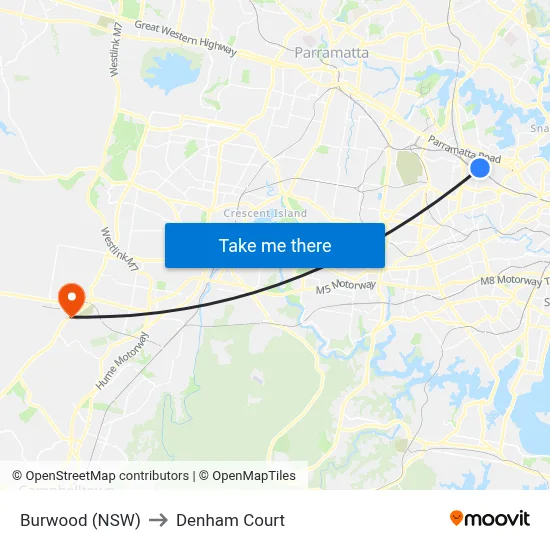 Burwood (NSW) to Denham Court map