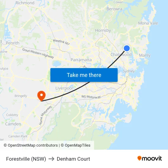 Forestville (NSW) to Denham Court map