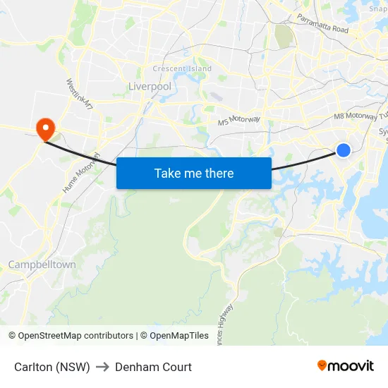 Carlton (NSW) to Denham Court map