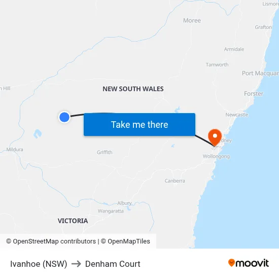 Ivanhoe (NSW) to Denham Court map