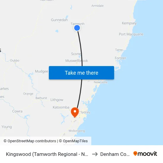 Kingswood (Tamworth Regional - NSW) to Denham Court map