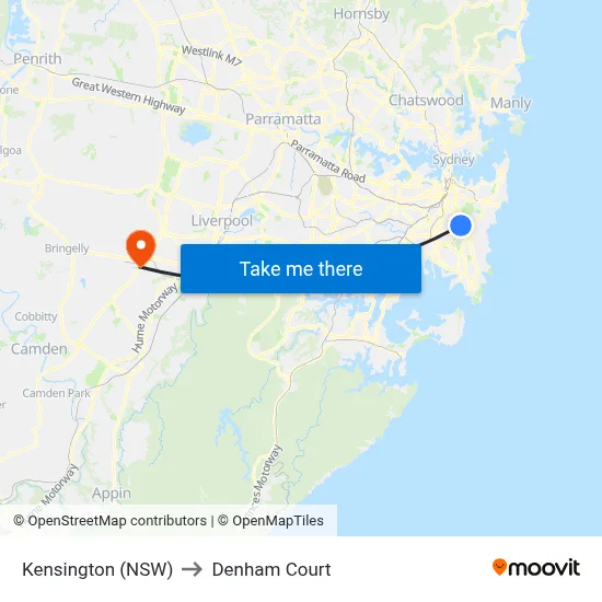Kensington (NSW) to Denham Court map