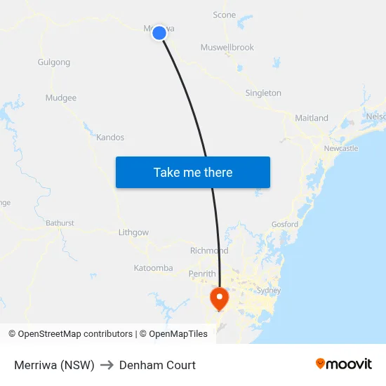 Merriwa (NSW) to Denham Court map