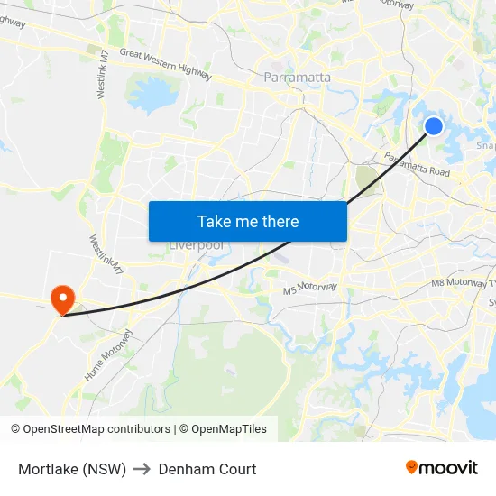 Mortlake (NSW) to Denham Court map
