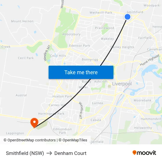 Smithfield (NSW) to Denham Court map