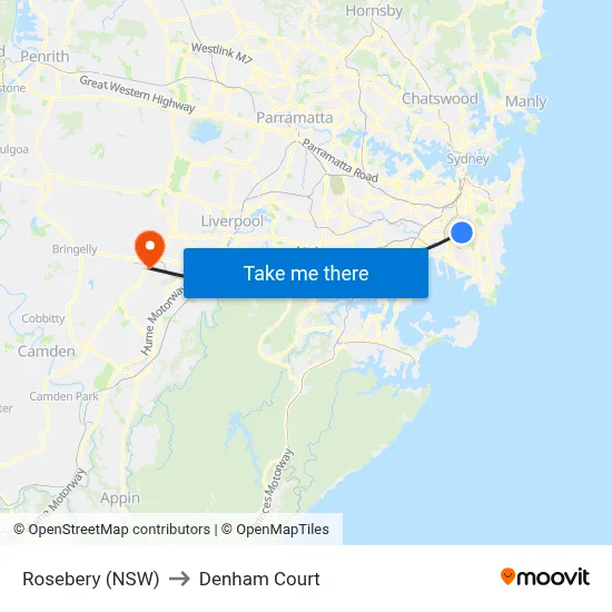 Rosebery (NSW) to Denham Court map