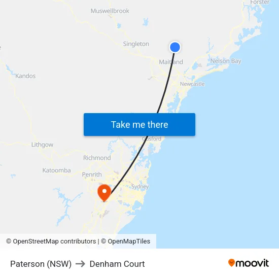 Paterson (NSW) to Denham Court map