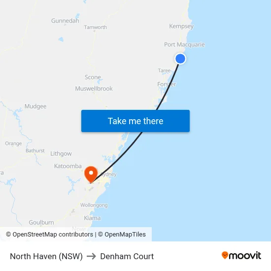 North Haven (NSW) to Denham Court map