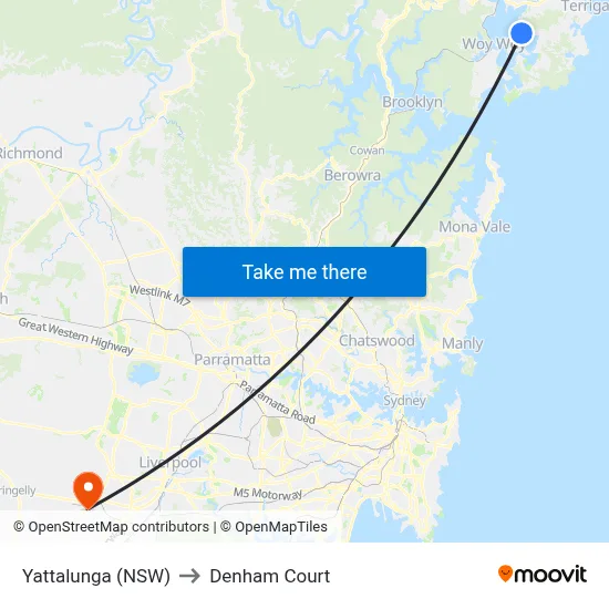 Yattalunga (NSW) to Denham Court map