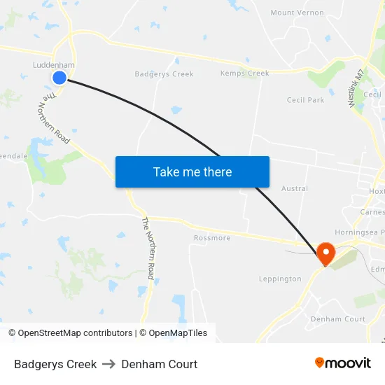 Badgerys Creek to Denham Court map